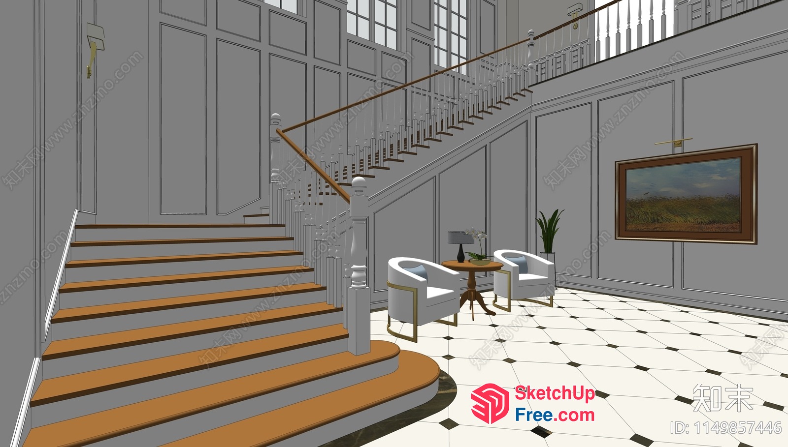 Elegant Staircase With Railing And Classic Moulding 3D SketchUp File