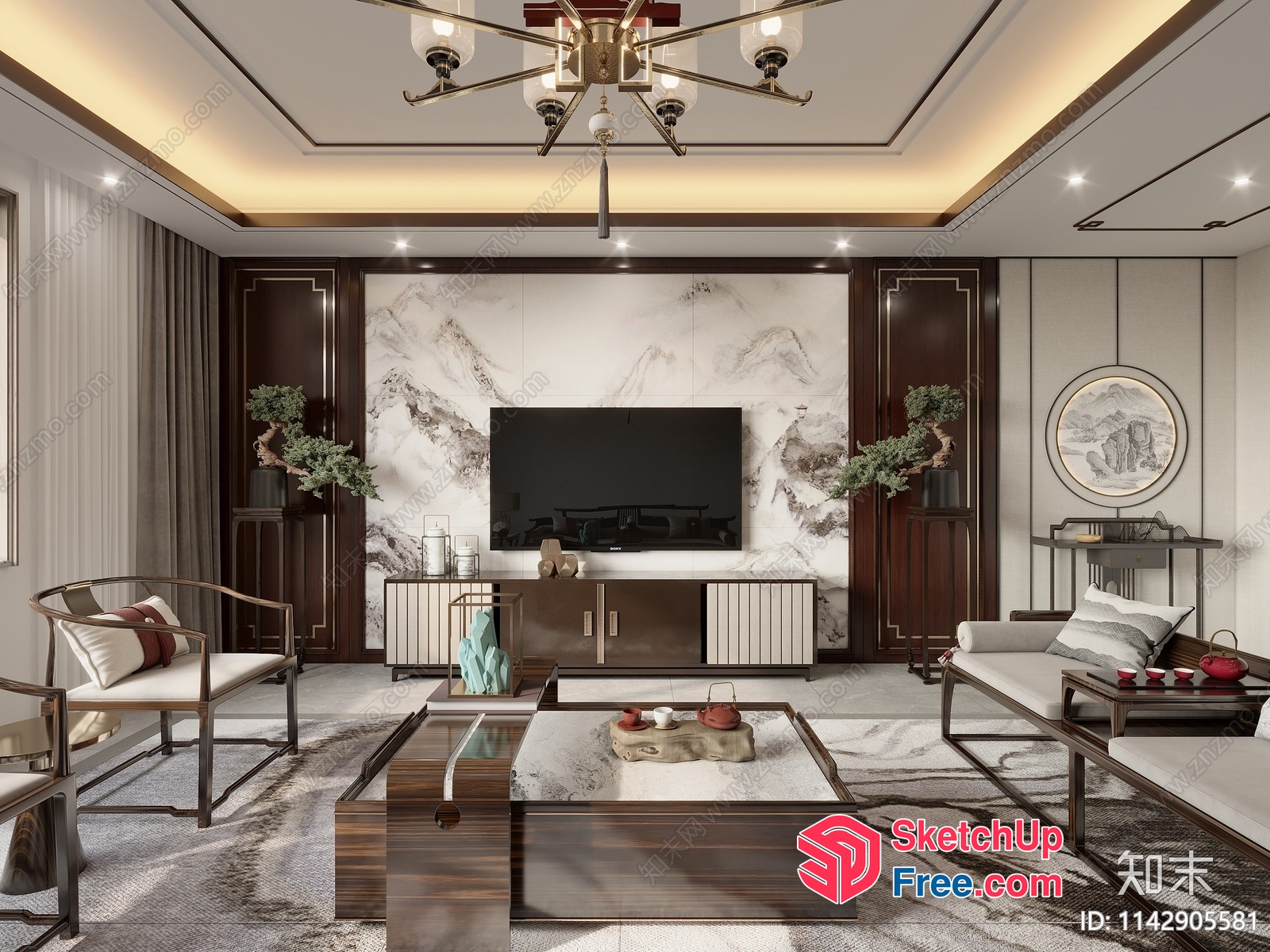 Elegant Living Room With Marble Accent Wall 3D SketchUp File