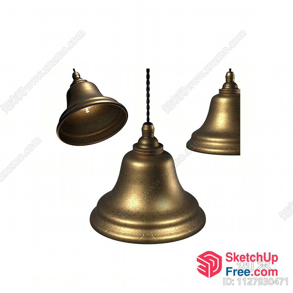 Three Hanging Vintage Bronze Bell-Shaped Lamps 3D SketchUp File