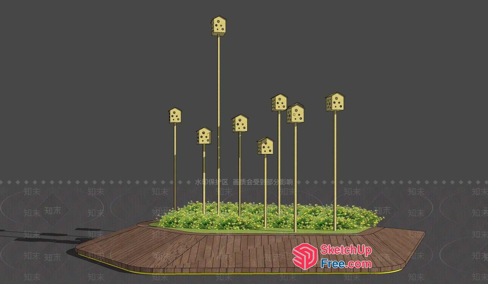 Birdhouse Display On Wooden Platform 3D SketchUp File
