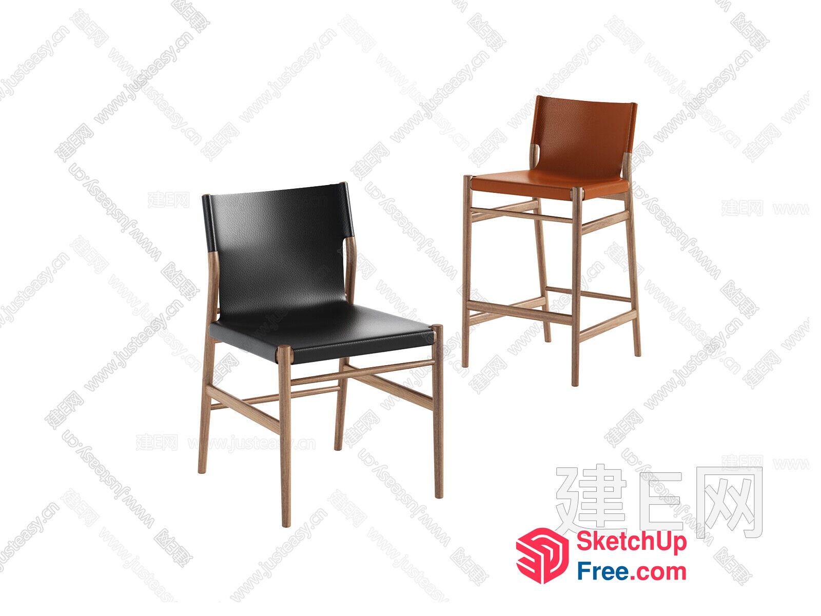 Two Seated Chairs In Leather And Wood 3D SketchUp File