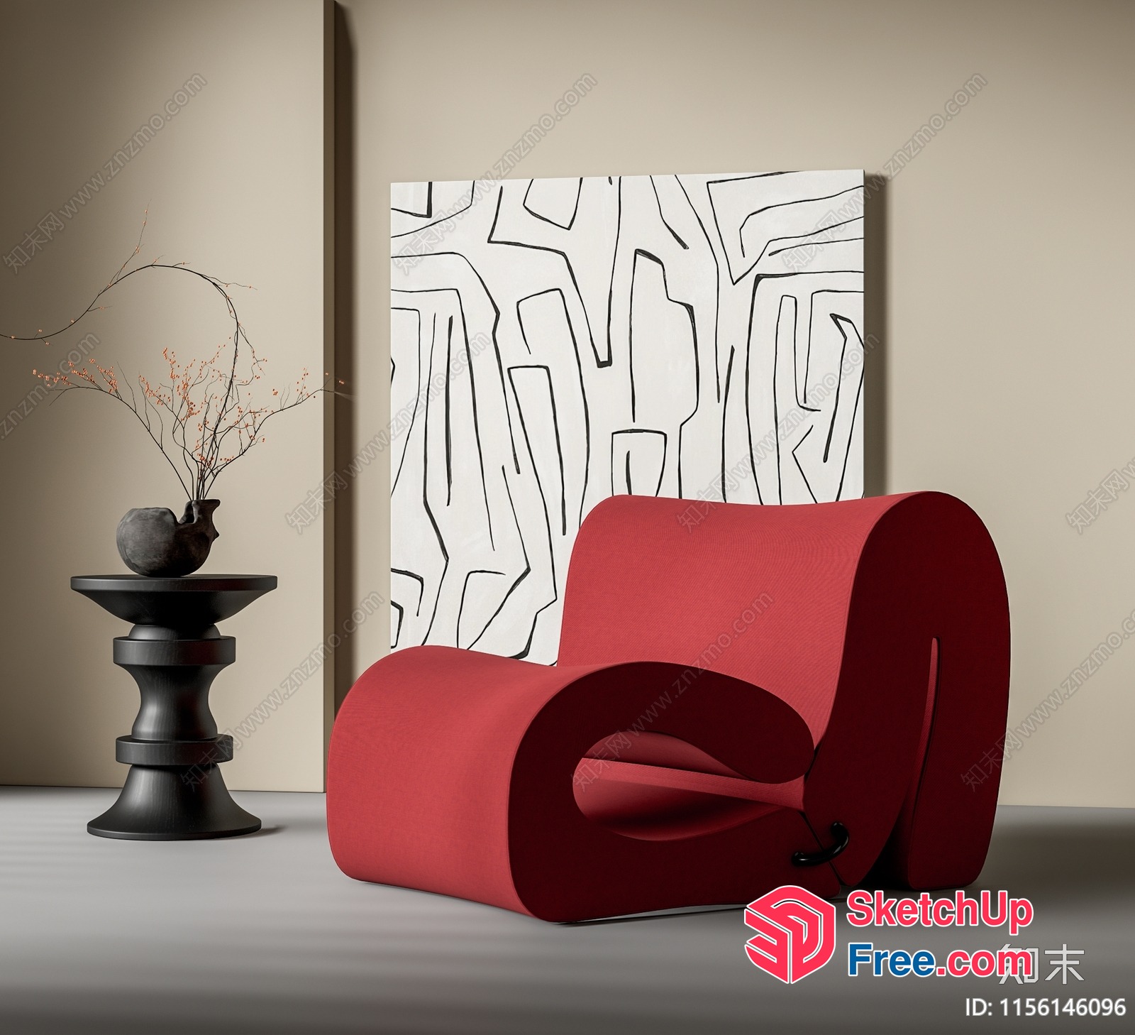 Modern Minimalist Red Chair And Black Side Table 3D SketchUp File