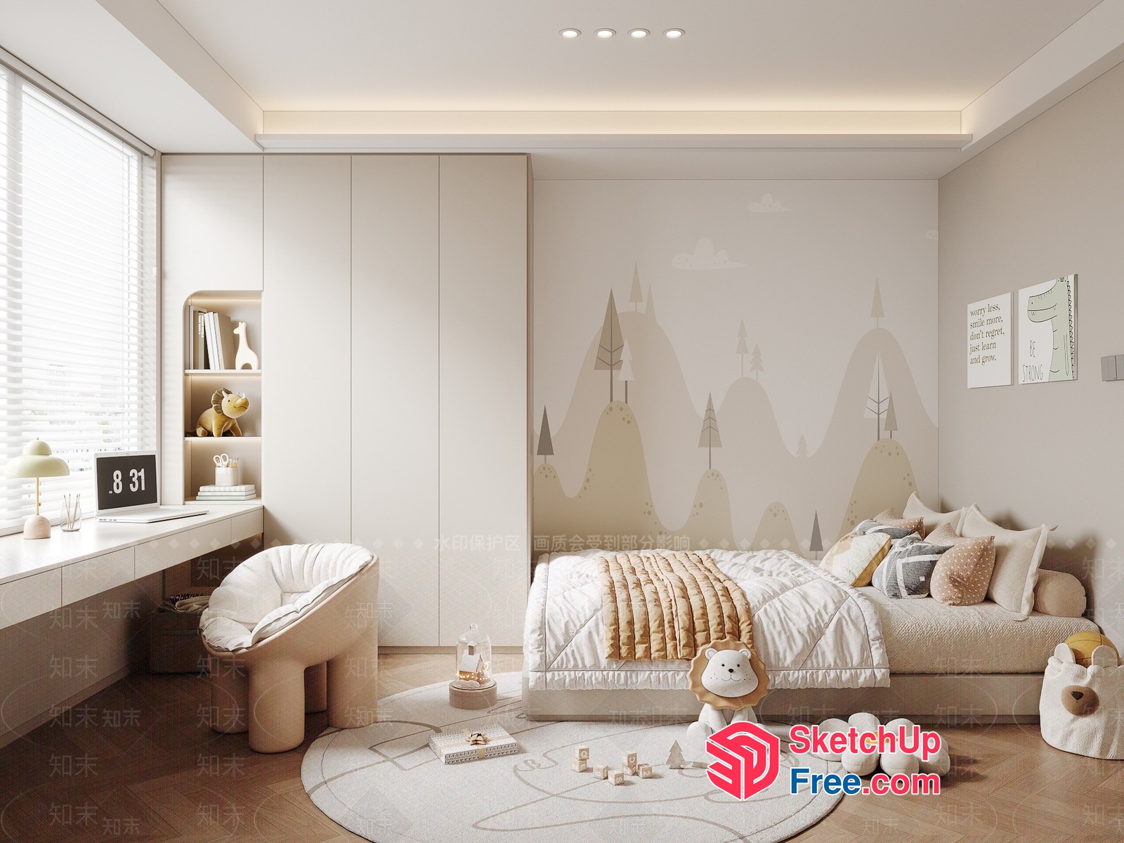 Modern Minimalist Creamy Style Children'S Bedroom Interior 3D SketchUp File
