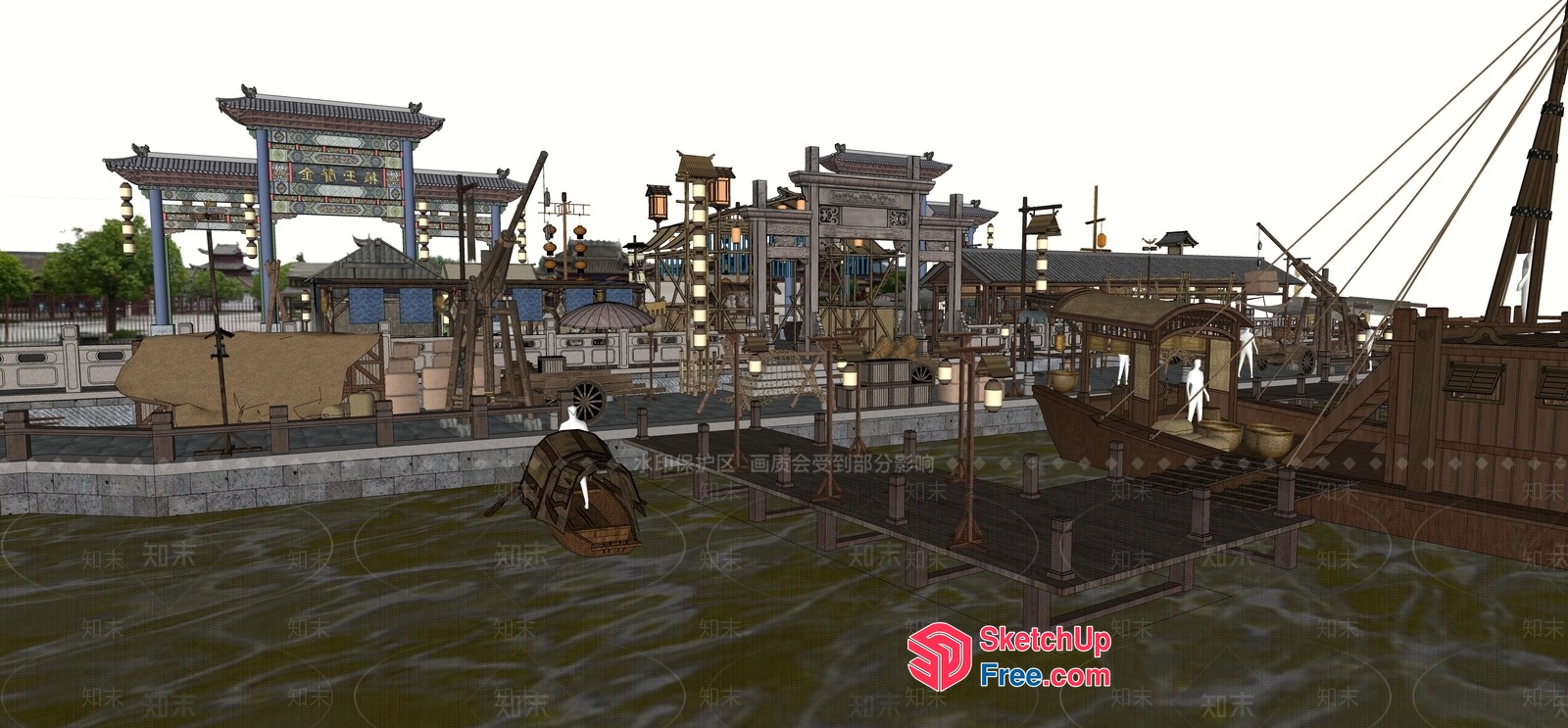 Traditional Asian Harbor Scene 3D SketchUp File