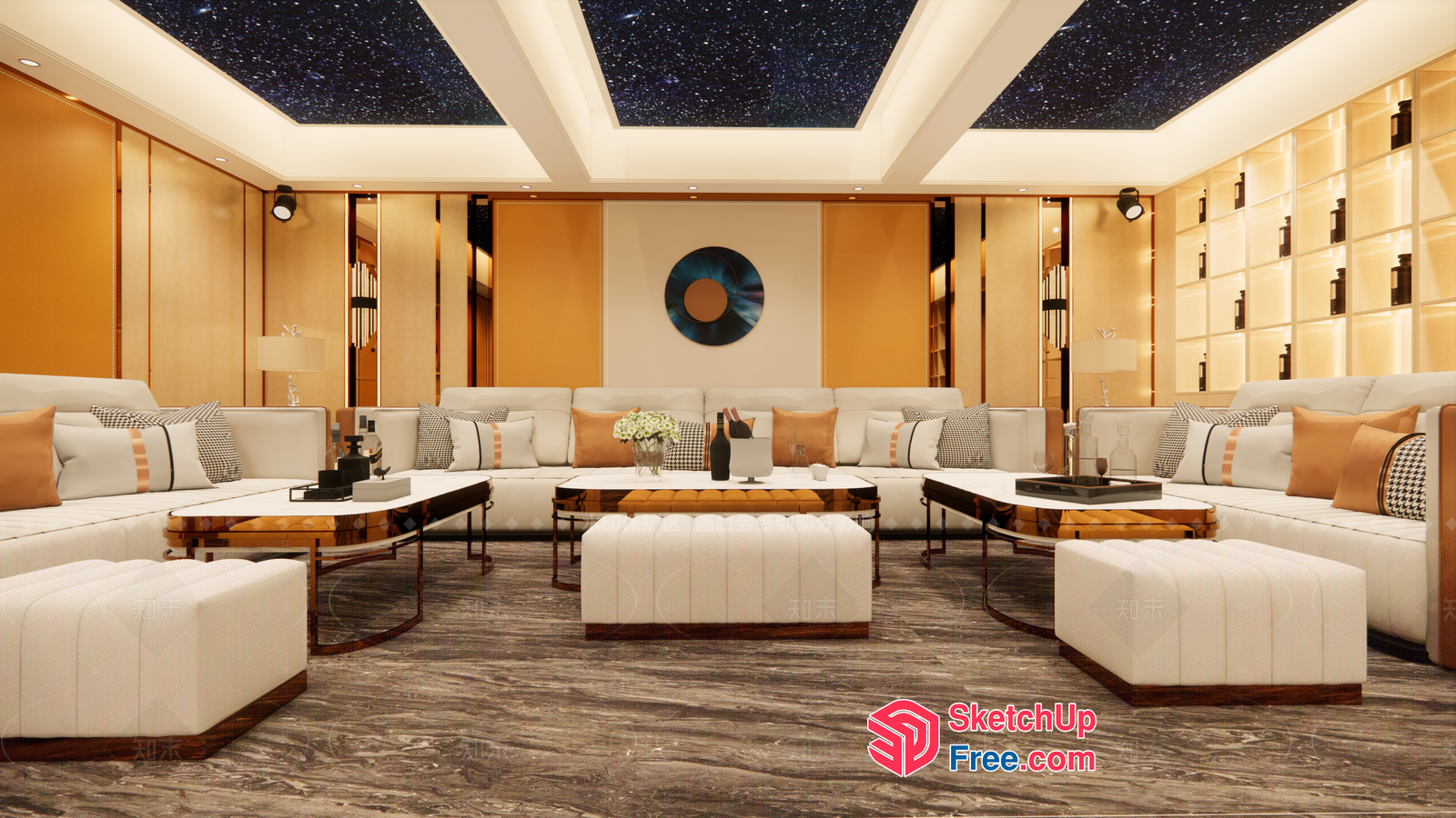 Modern Living Room Interior With White Furniture And Starry Sky Ceiling 3D SketchUp File