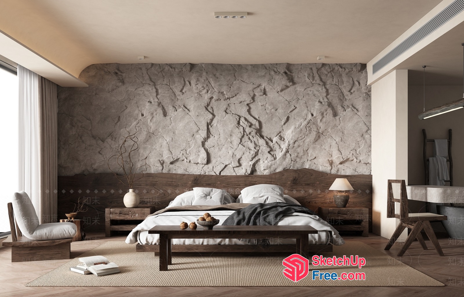 Natural Stone Accent Wall In Modern Bedroom Interior 3D SketchUp File
