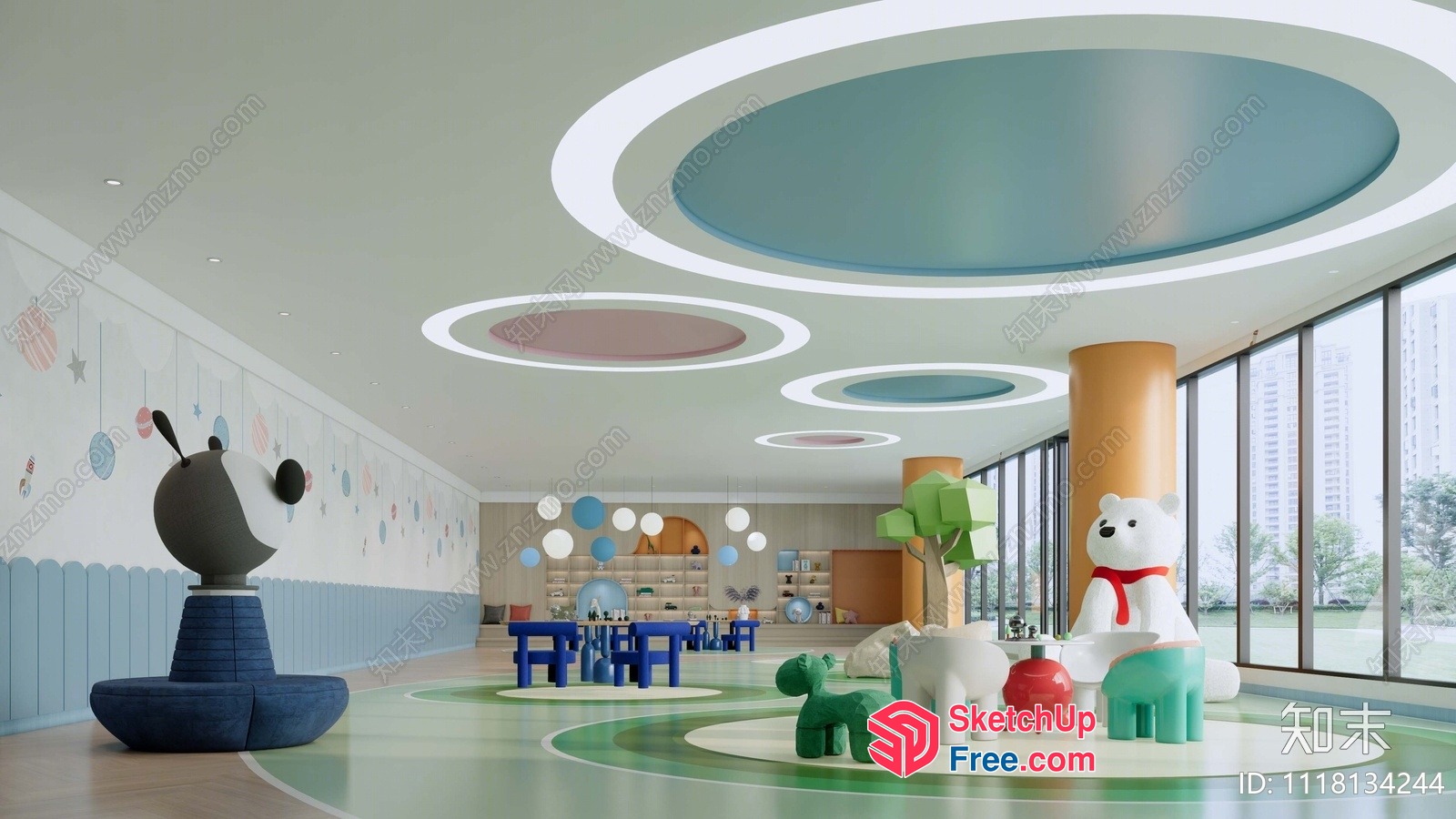 Modern Playroom With Colorful Animal Decorations And Circular Ceiling Lights 3D SketchUp File