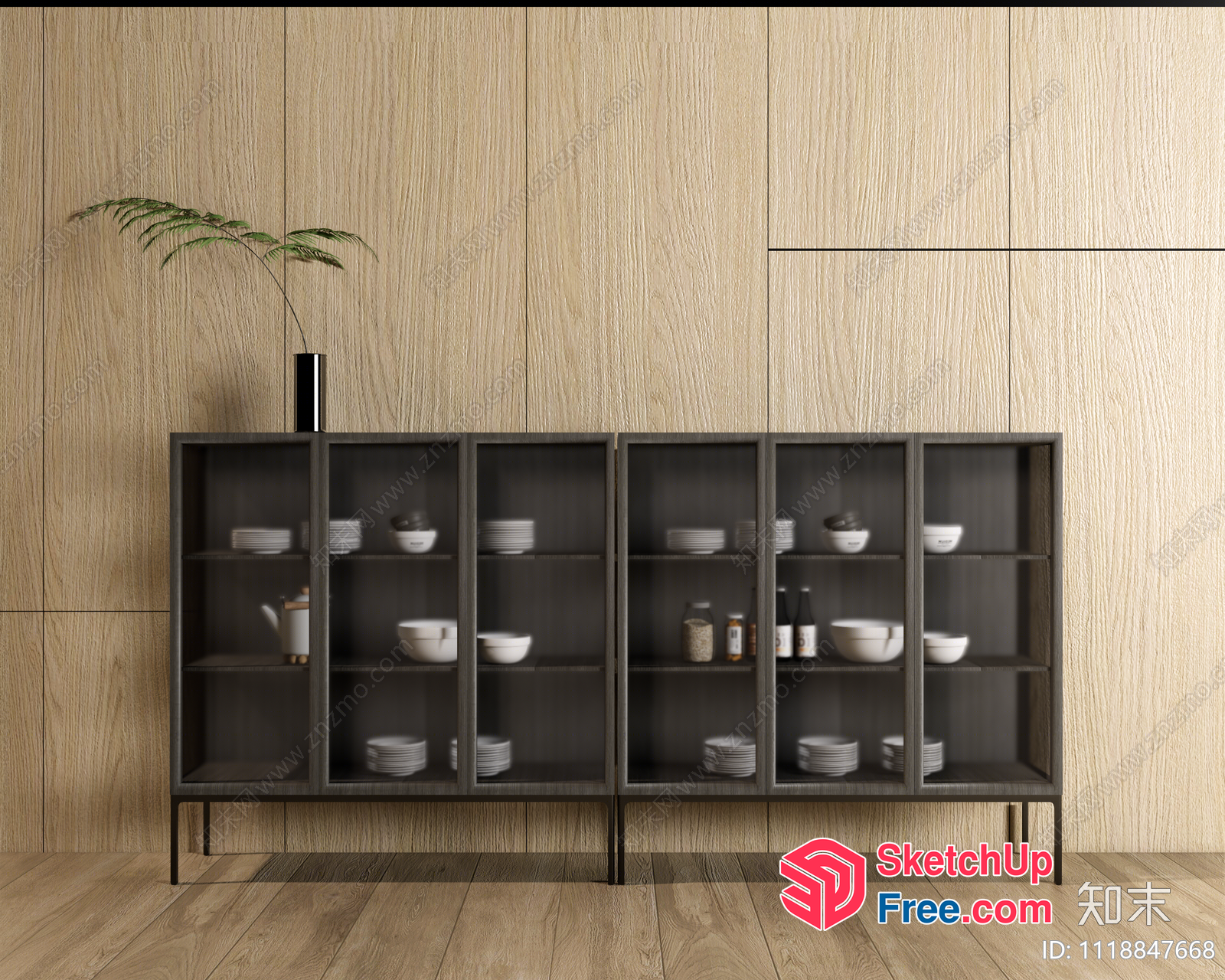Modern Grey Shelving Unit With White Dishes 3D SketchUp File