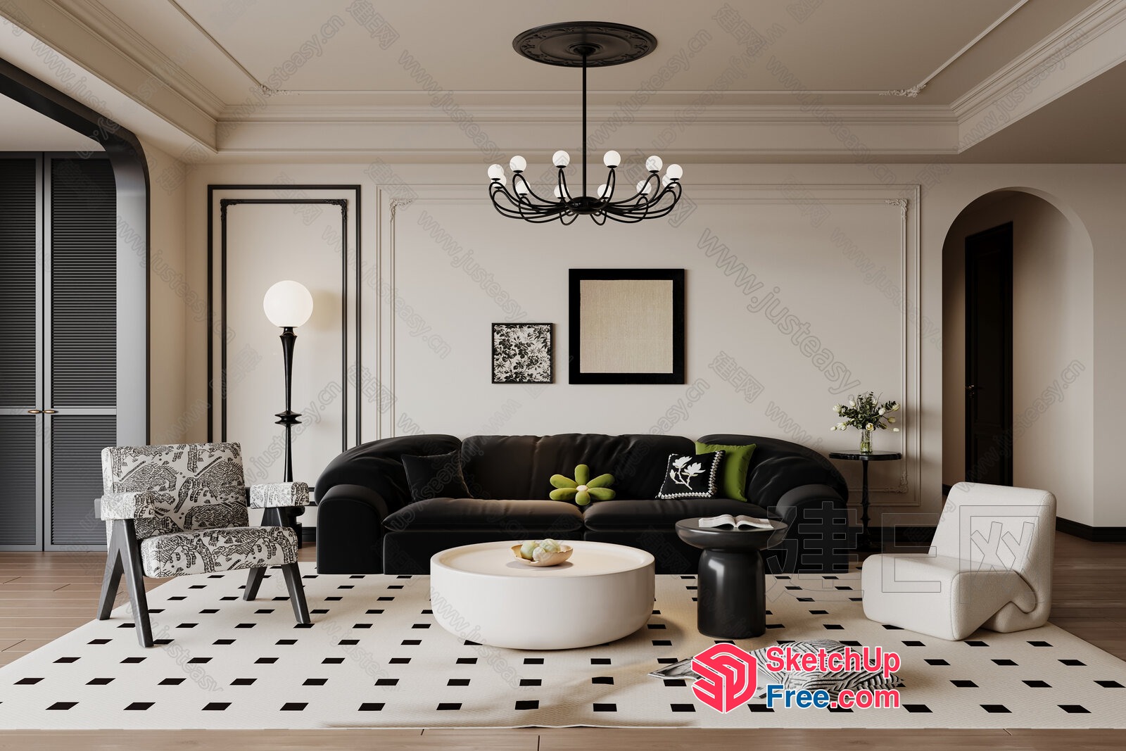 Elegant Living Room With Classic Moulding And Modern Furniture 3D SketchUp File