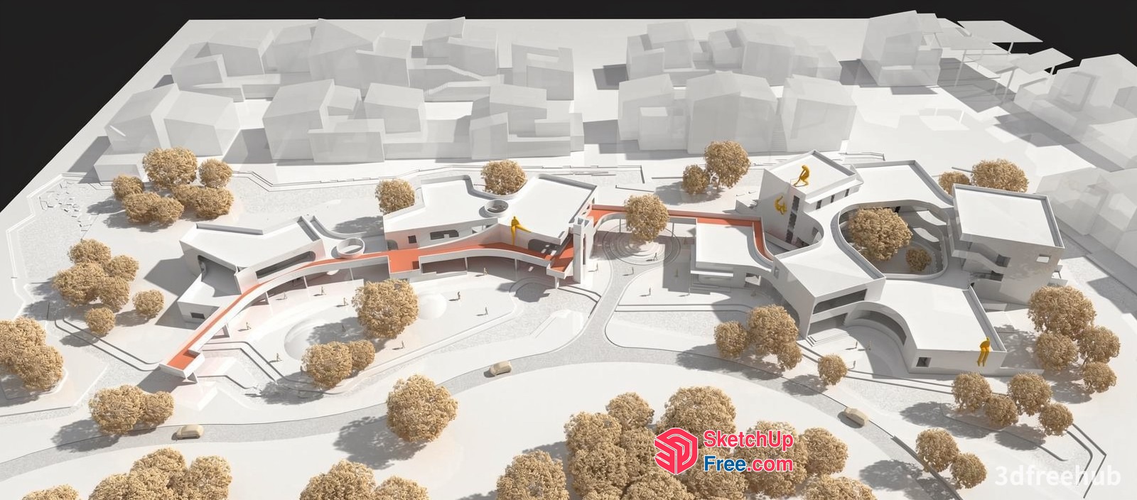 Modern White Building With Curved Lines And Orange Accents 3D SketchUp File