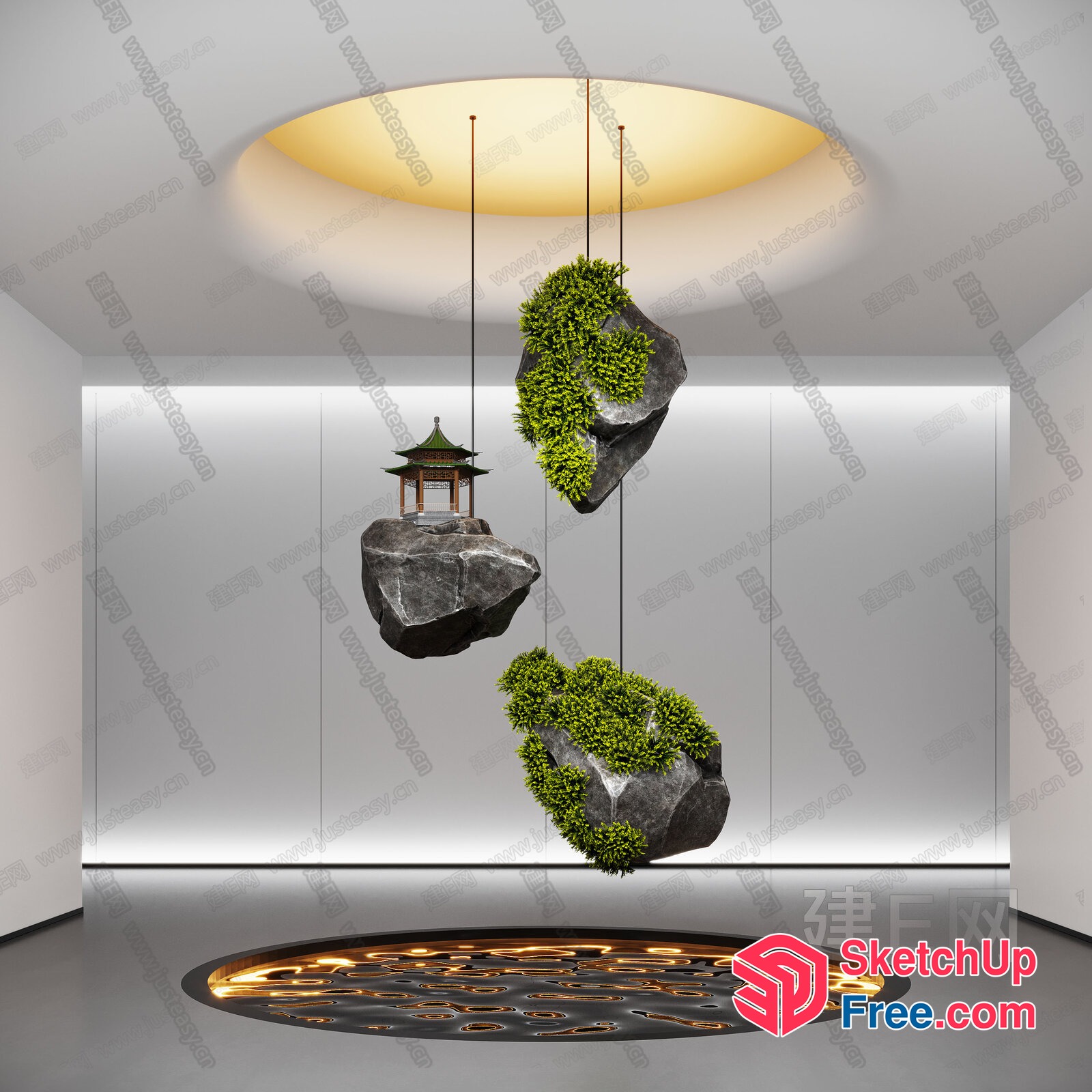 Asian-Inspired Modern Interior With Hanging Rock Formations 3D SketchUp File