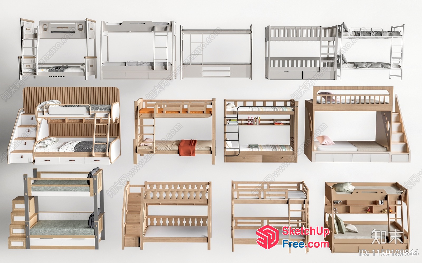 3D Model Of Modern Wooden Bunk Beds With Storage 3D SketchUp File