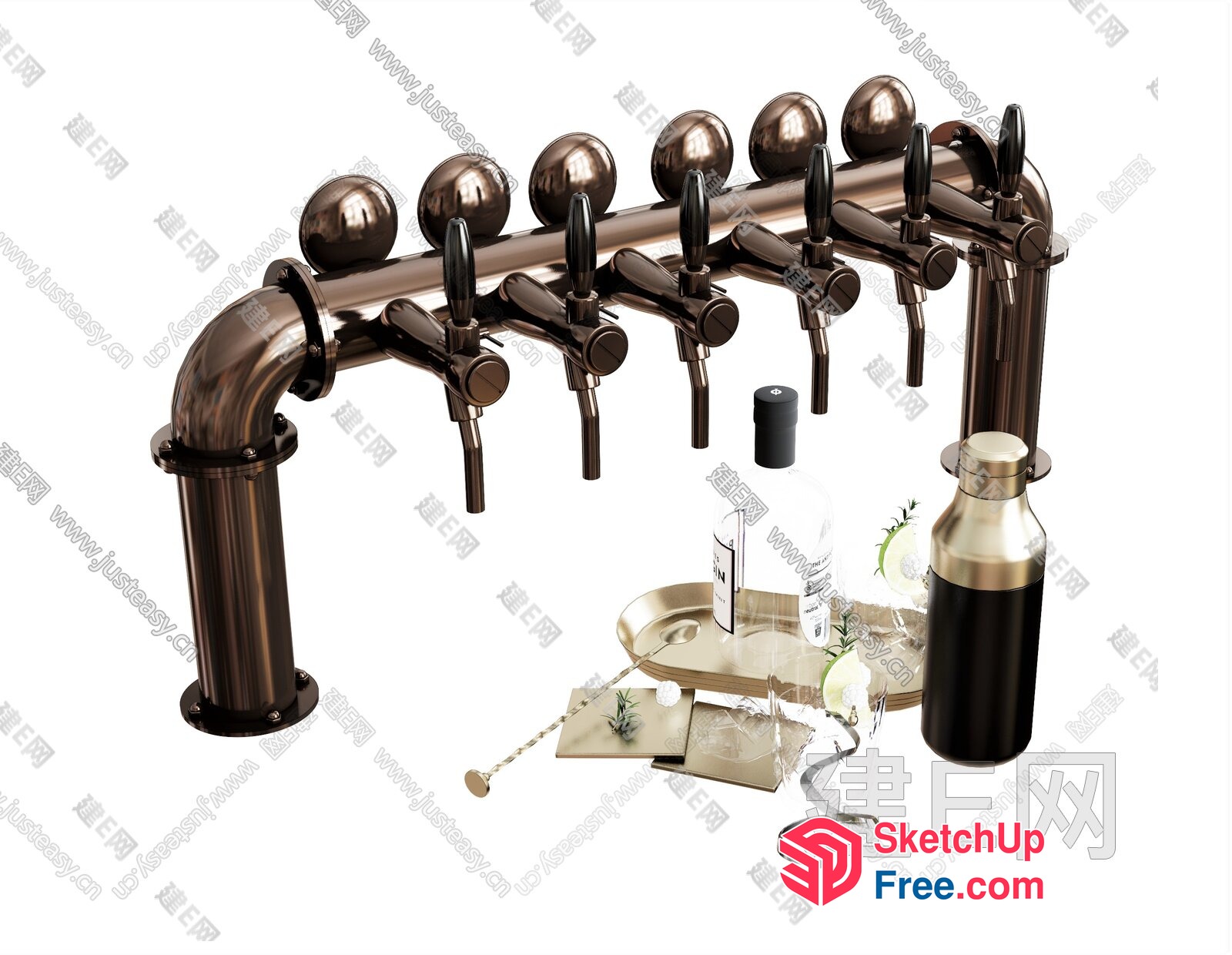 Elegant Brass Tap System With Modern Barware 3D SketchUp File