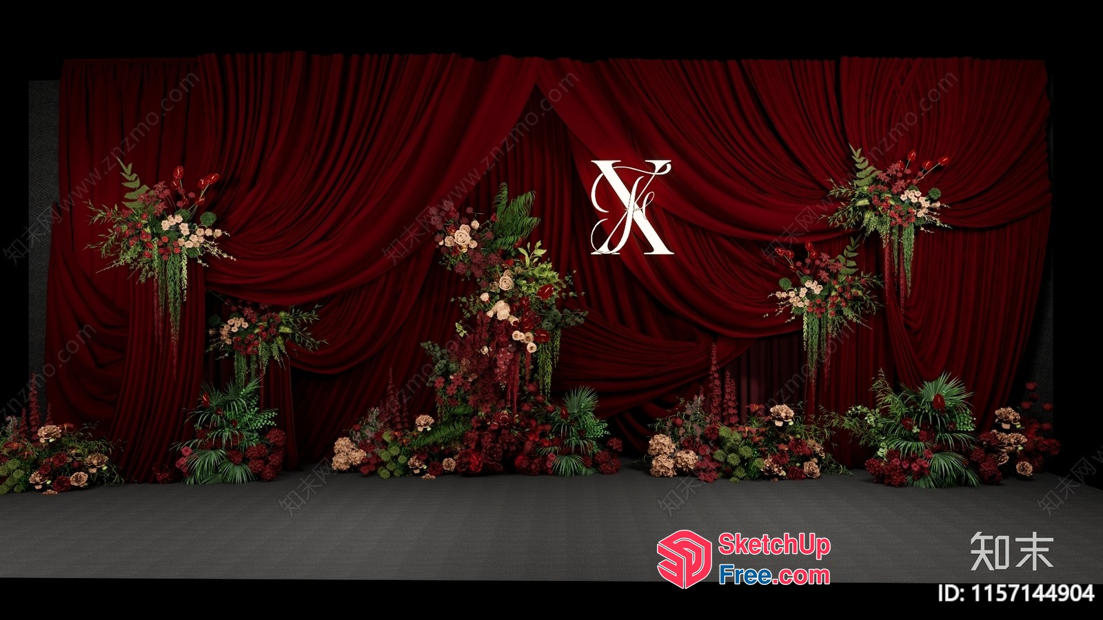 Elegant Red Curtain Backdrop With Floral Arrangements 3D SketchUp File
