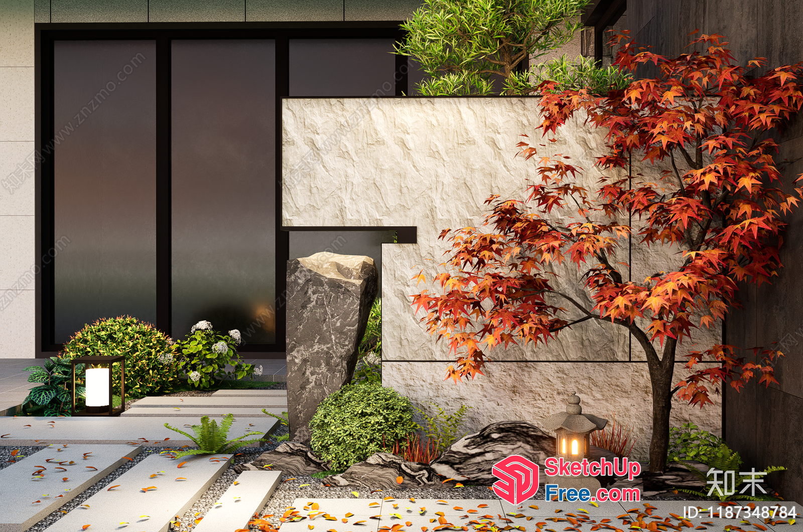 Japanese Style Garden With Stone And Leaf Decor 3D SketchUp File