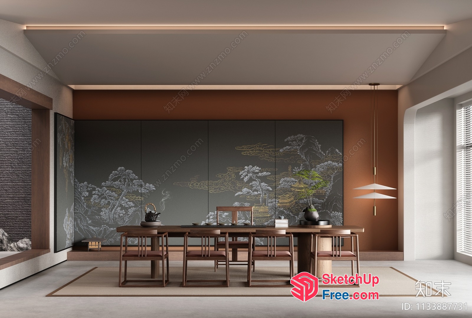 Asian-Inspired Dining Room With Traditional Artwork 3D SketchUp File