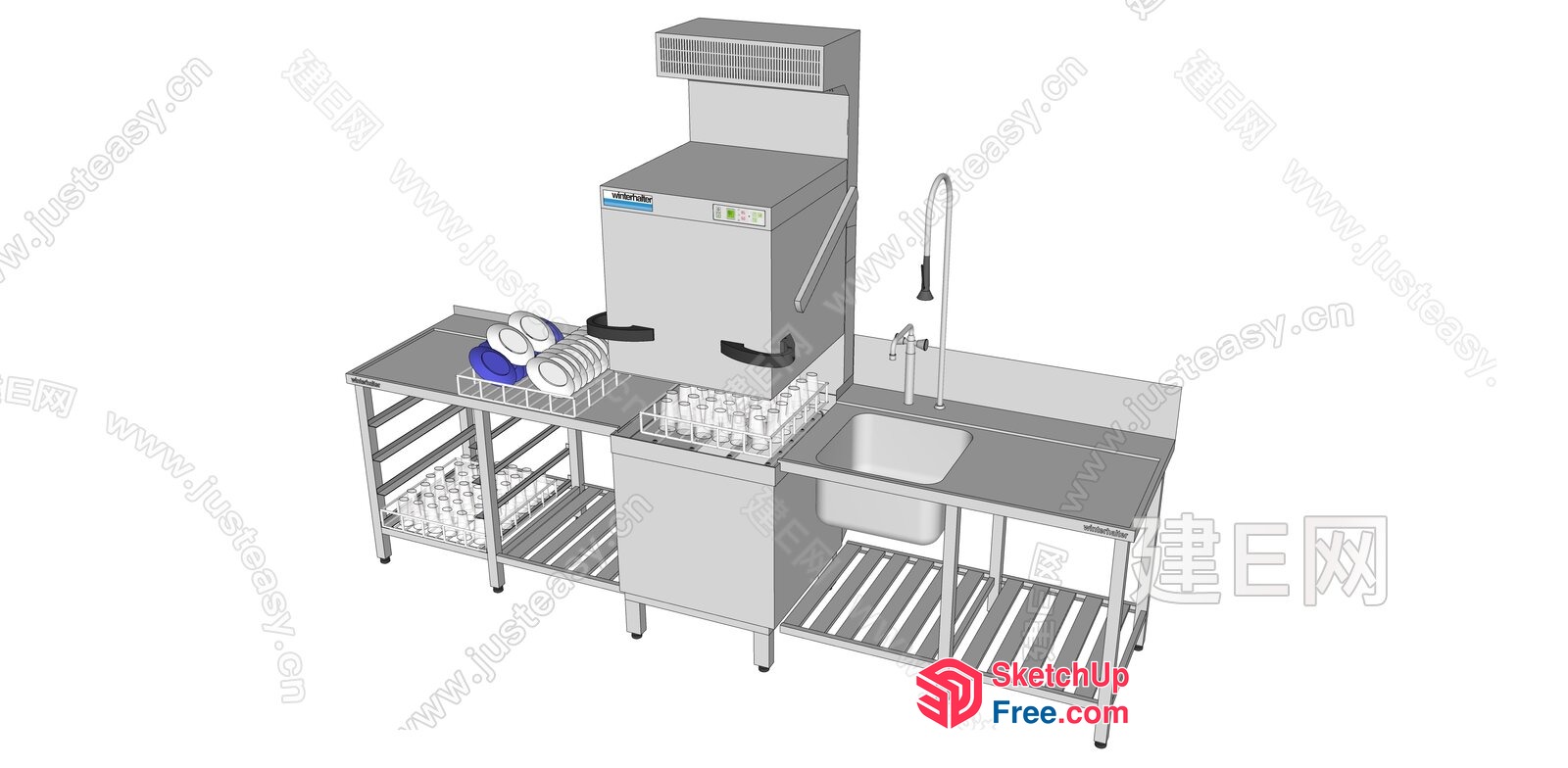 Stainless Steel Commercial Kitchen Sink And Dishwasher Setup 3D SketchUp File