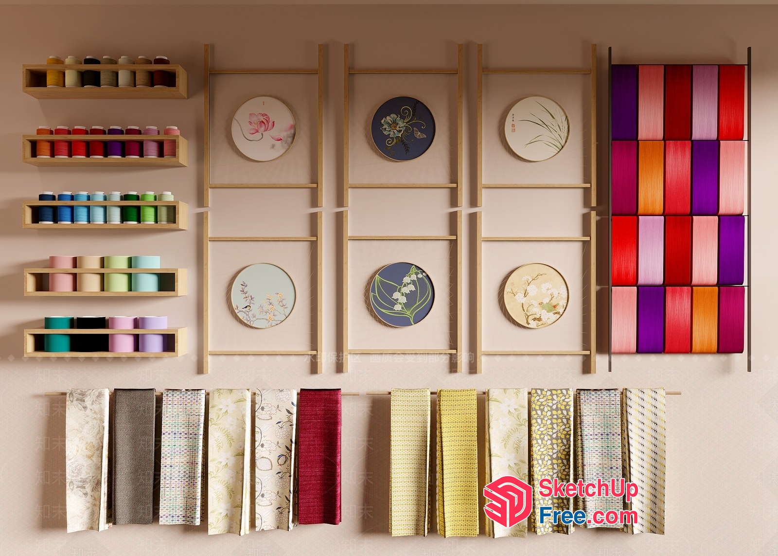Vibrant Embroidery Display And Colorful Fabric Collection 3D SketchUp File