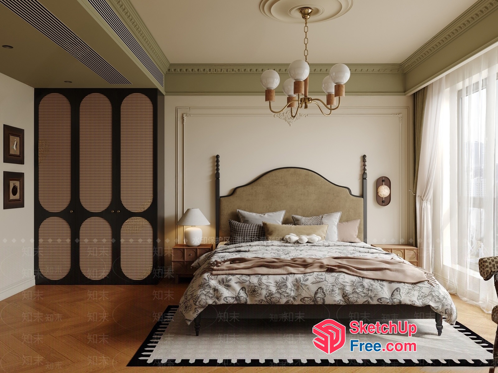 Elegant Creamy Style Bedroom With Classic Moulding 3D SketchUp File