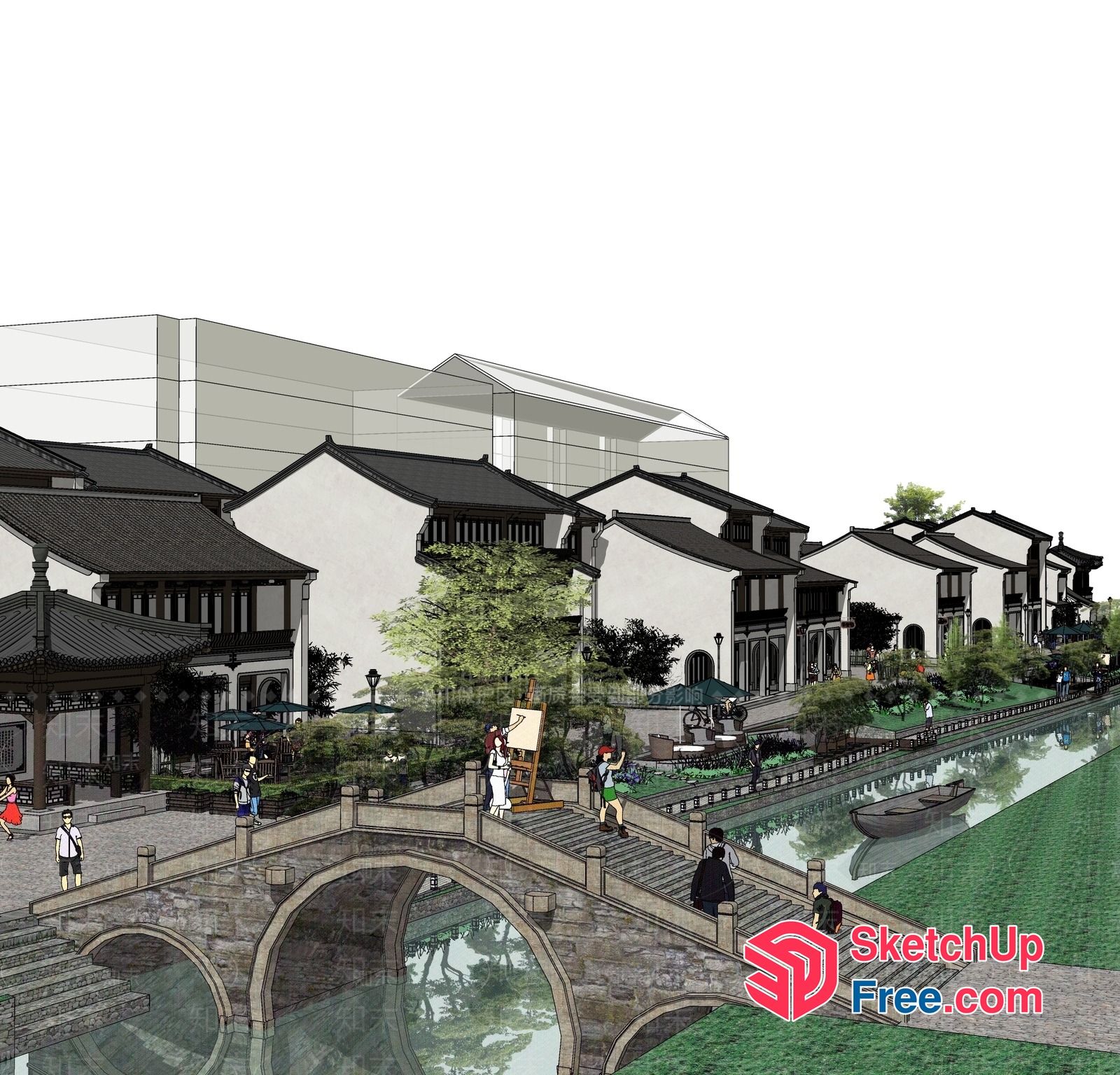 Chinese Village Scene With Traditional Architecture And Waterways 3D SketchUp File