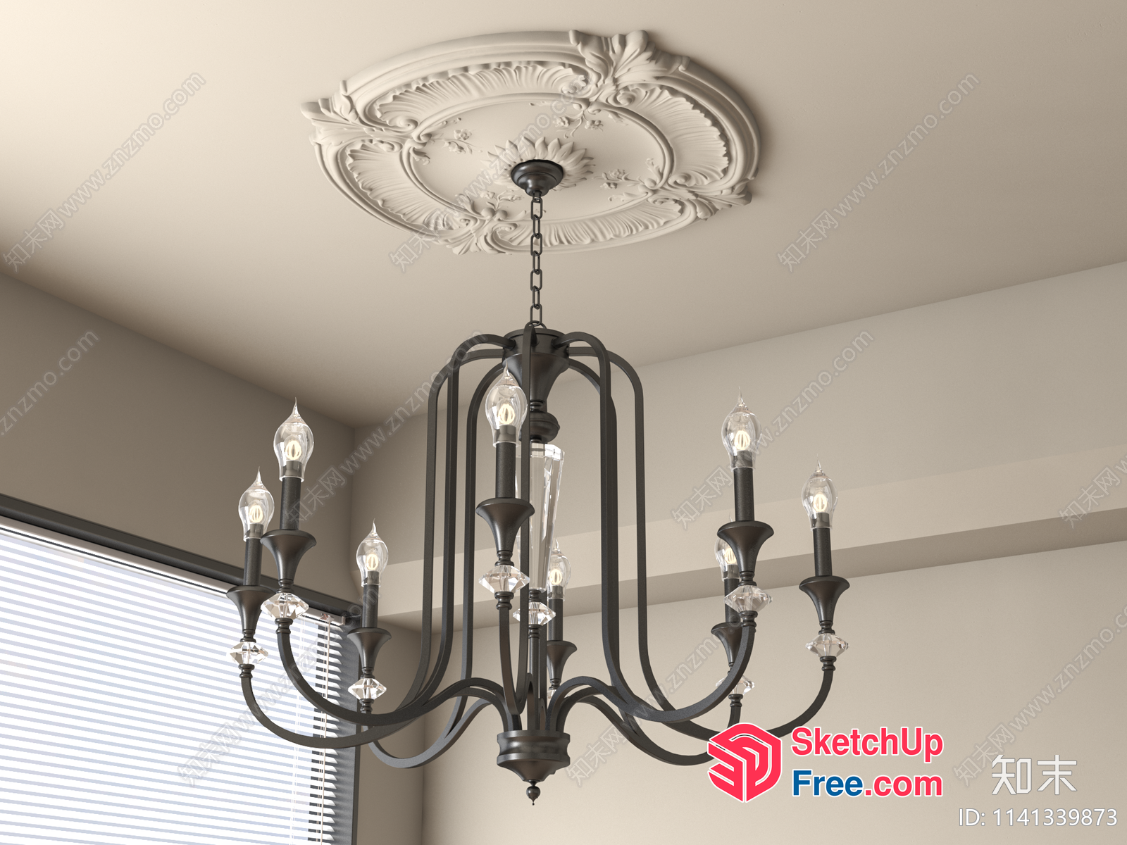 Elegant Black Chandelier With Ornate Ceiling 3D SketchUp File