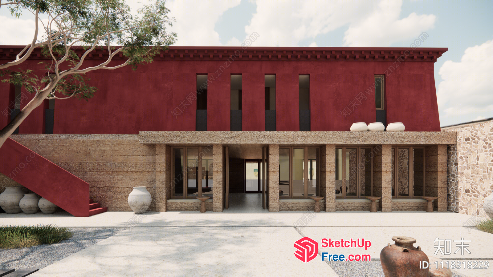 Exterior Of A Modern Building With A Red Facade And Natural Elements 3D SketchUp File