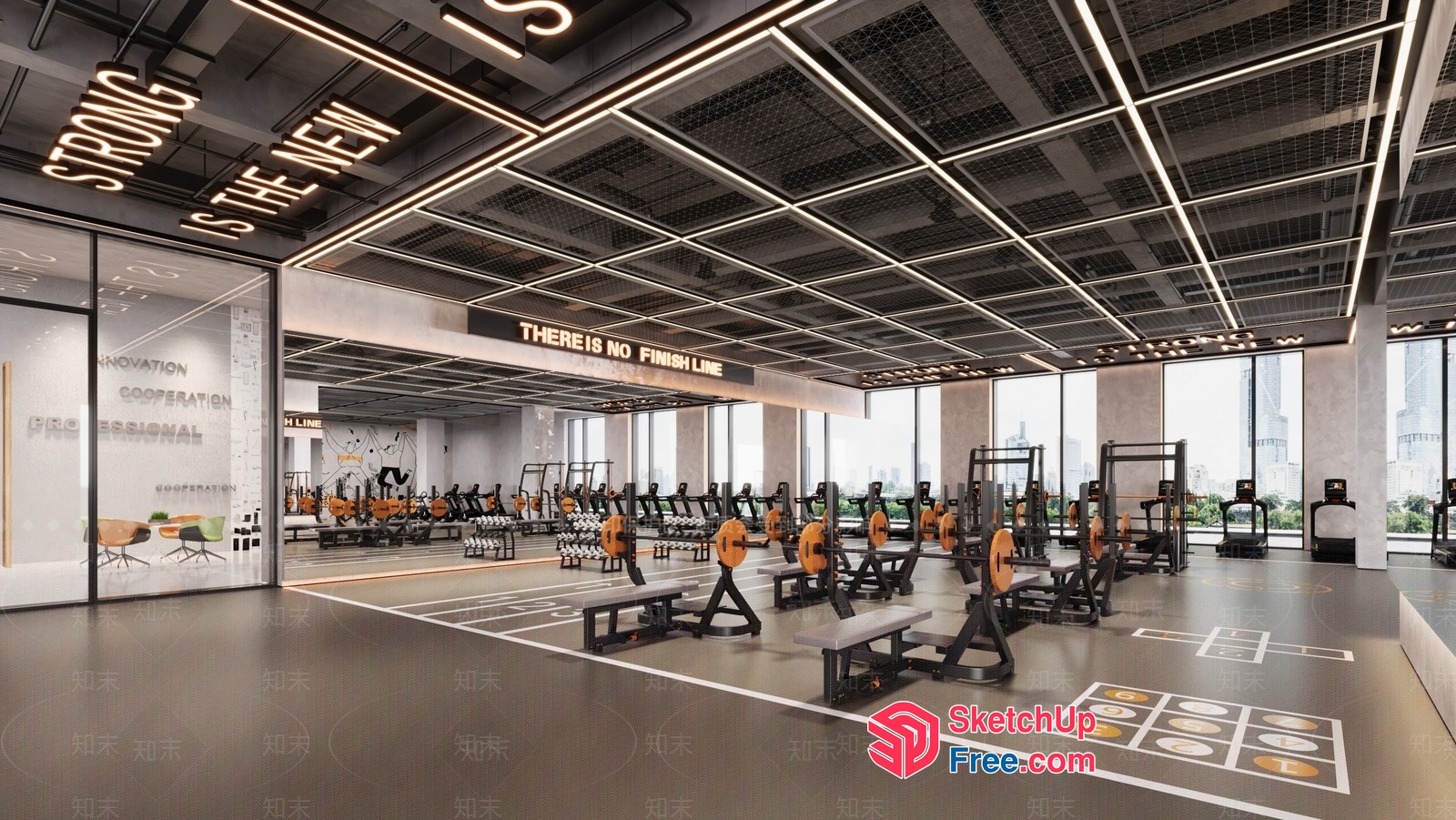 Modern Gym Interior With Natural Light And Inspirational Quote 3D SketchUp File