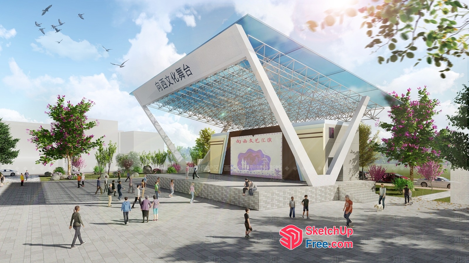 Modern Glass Pavilion With Outdoor Stage And Amphitheater 3D SketchUp File