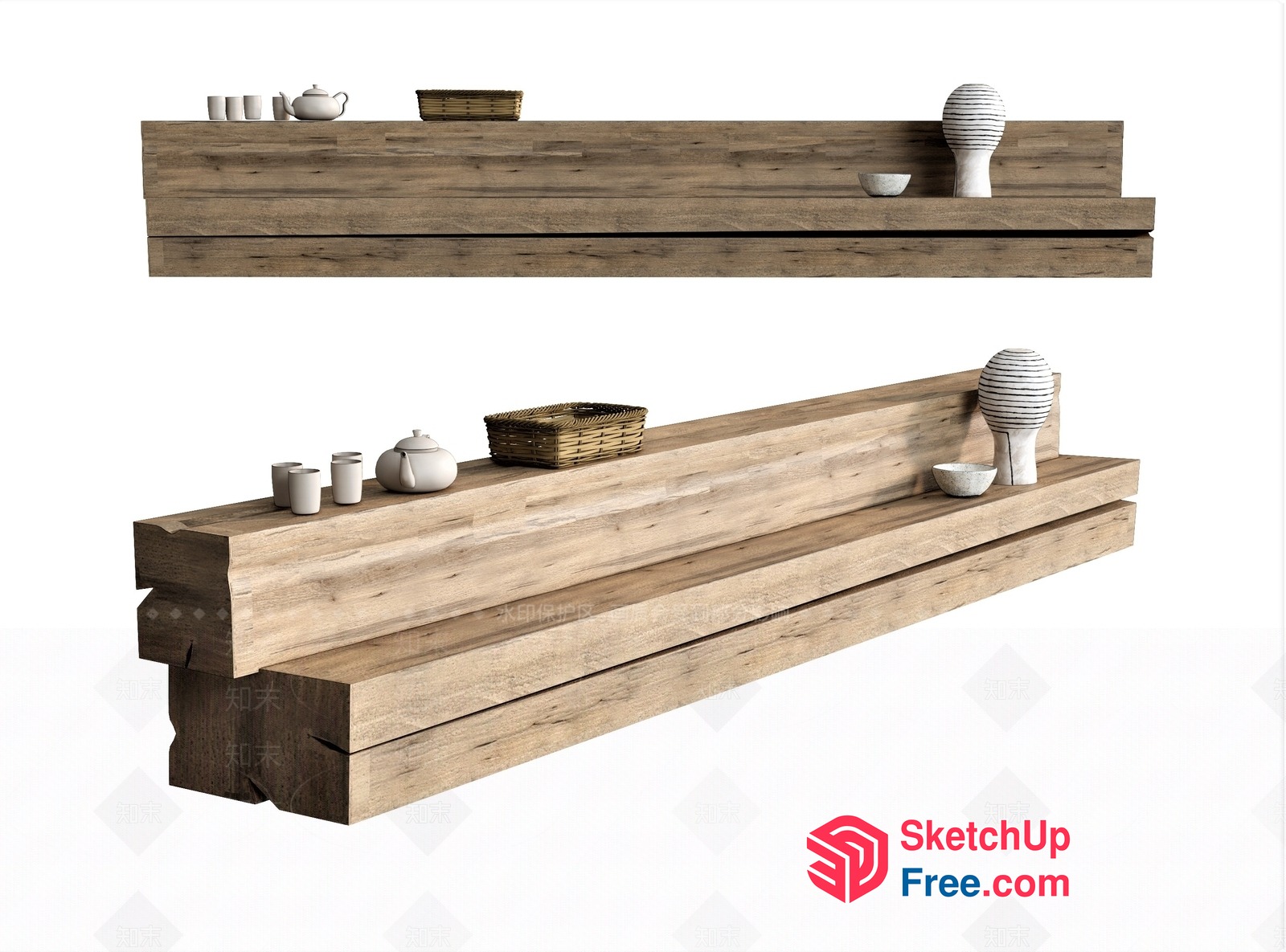 Simple Wooden Shelf With Tea Set And Vase 3D SketchUp File