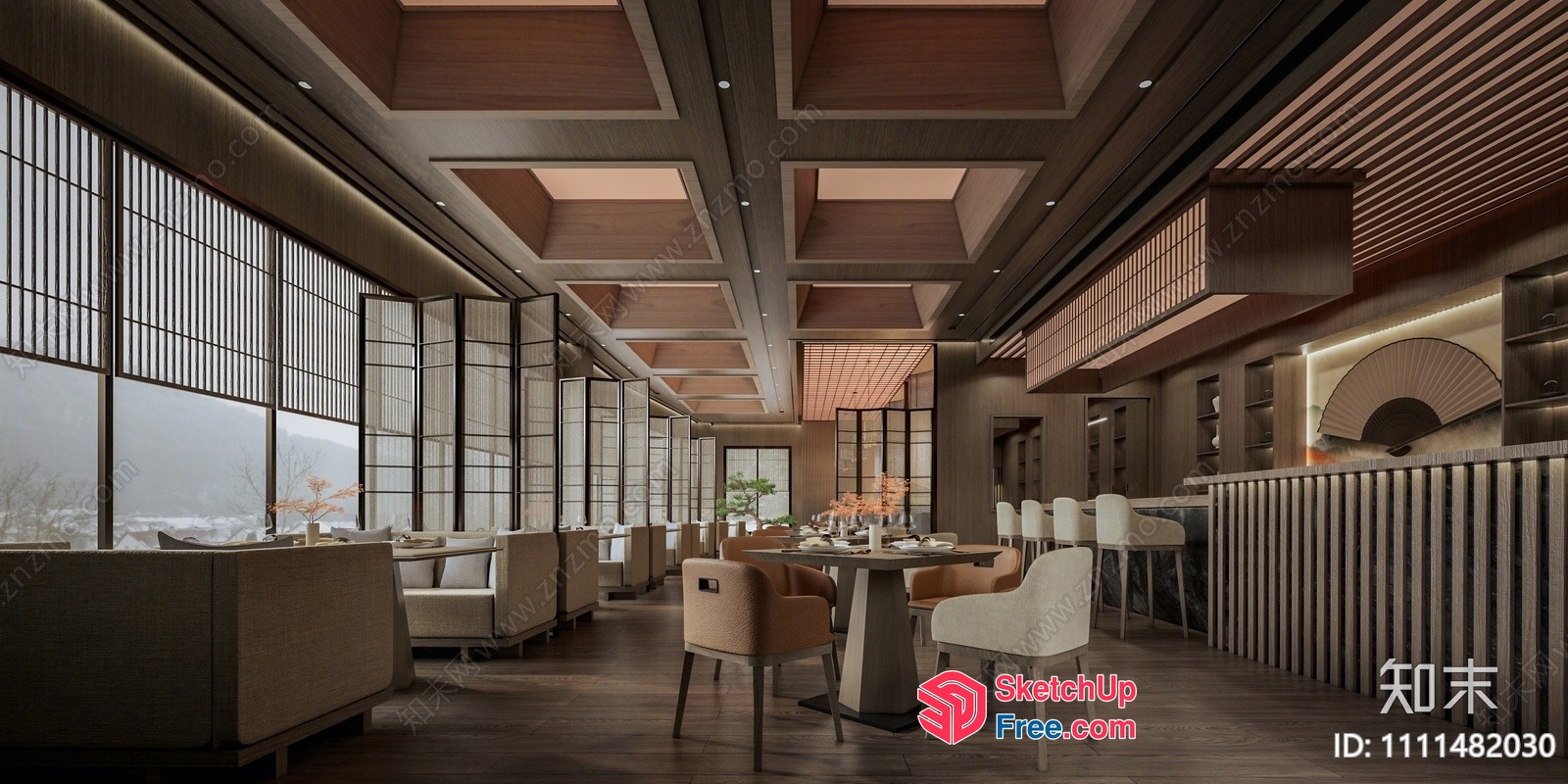 Modern Japanese Restaurant Interior With Natural Light 3D SketchUp File