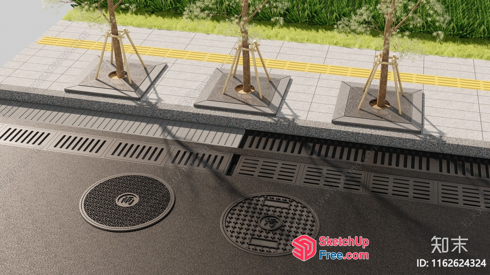 Modern Japanese Street Scene With Decorative Manhole Covers And Trees 3D SketchUp File
