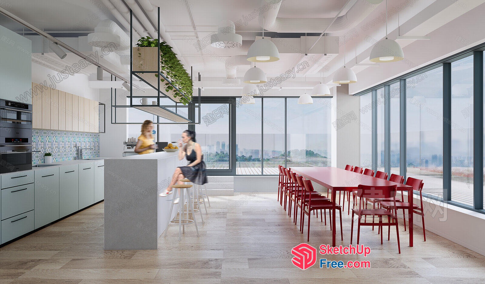 Modern Office Kitchen And Dining Area With City View 3D SketchUp File