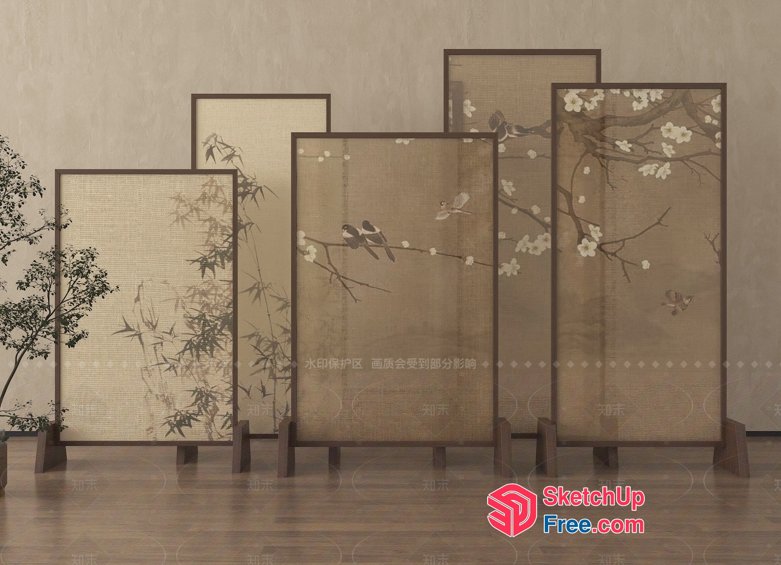 Asian-Inspired Room Divider With Bird And Flower Motifs 3D SketchUp File
