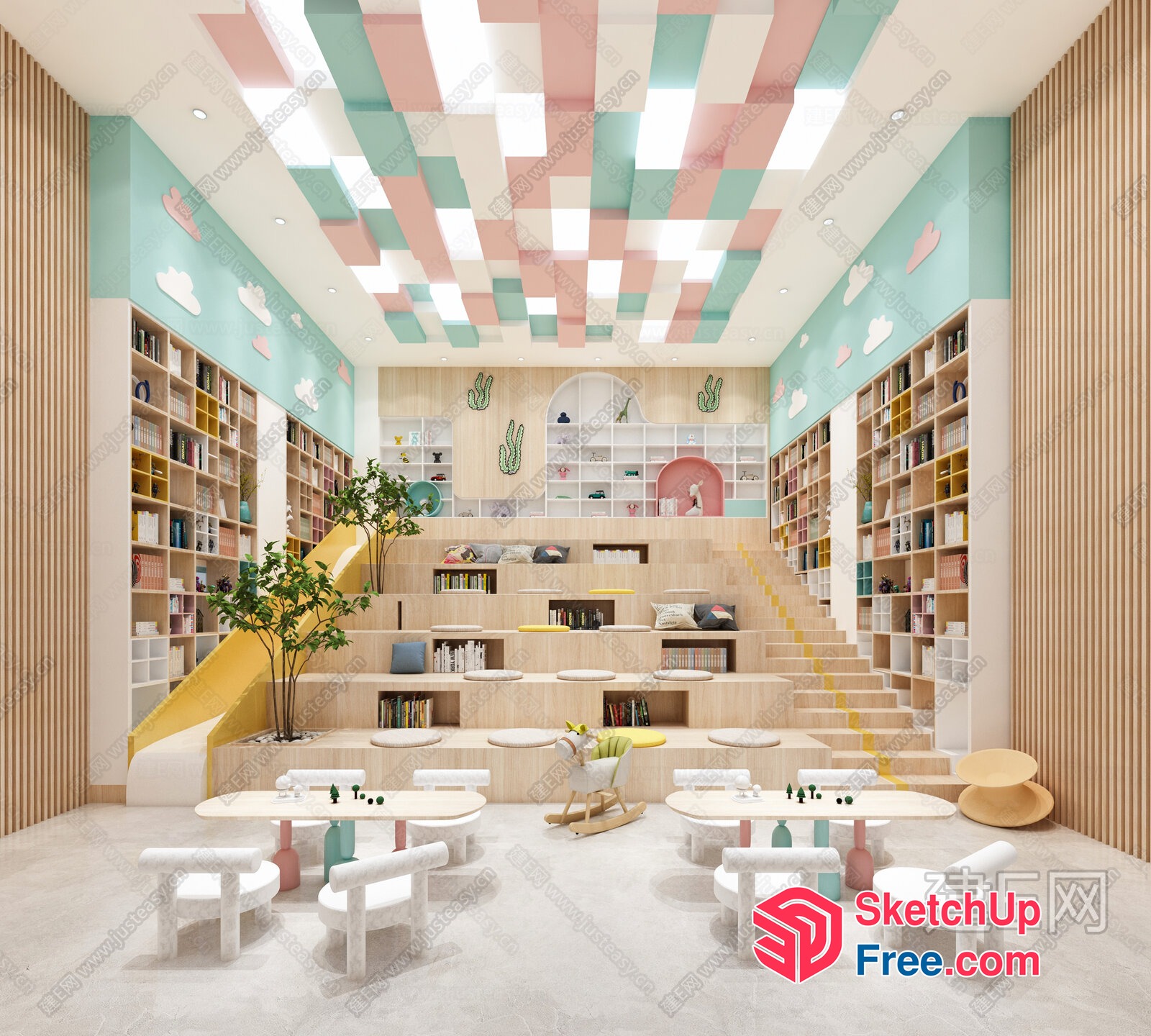 Modern Library Interior With Pastel Color Scheme And Unique Staircase 3D SketchUp File