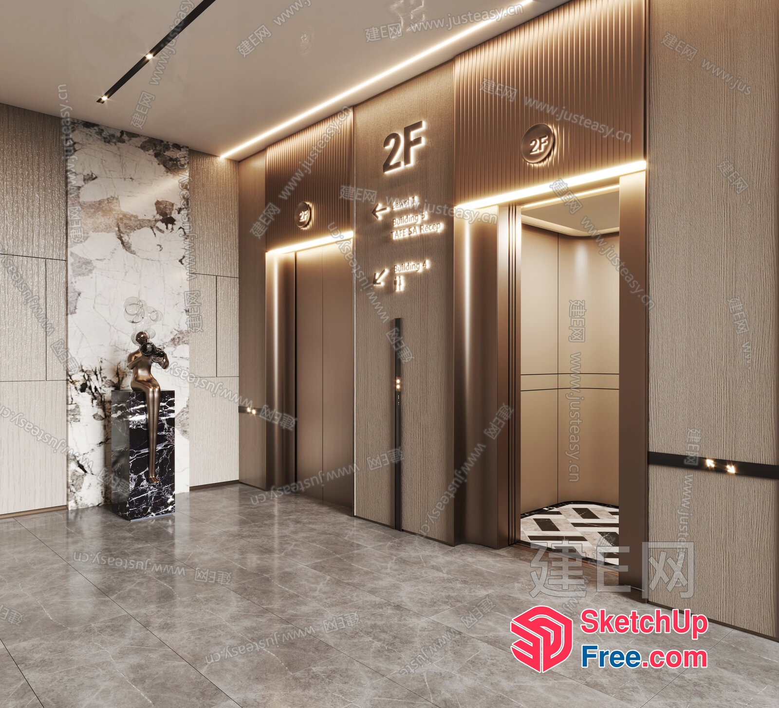 Modern Office Building Interior With Elevator And Marble Walls 3D SketchUp File