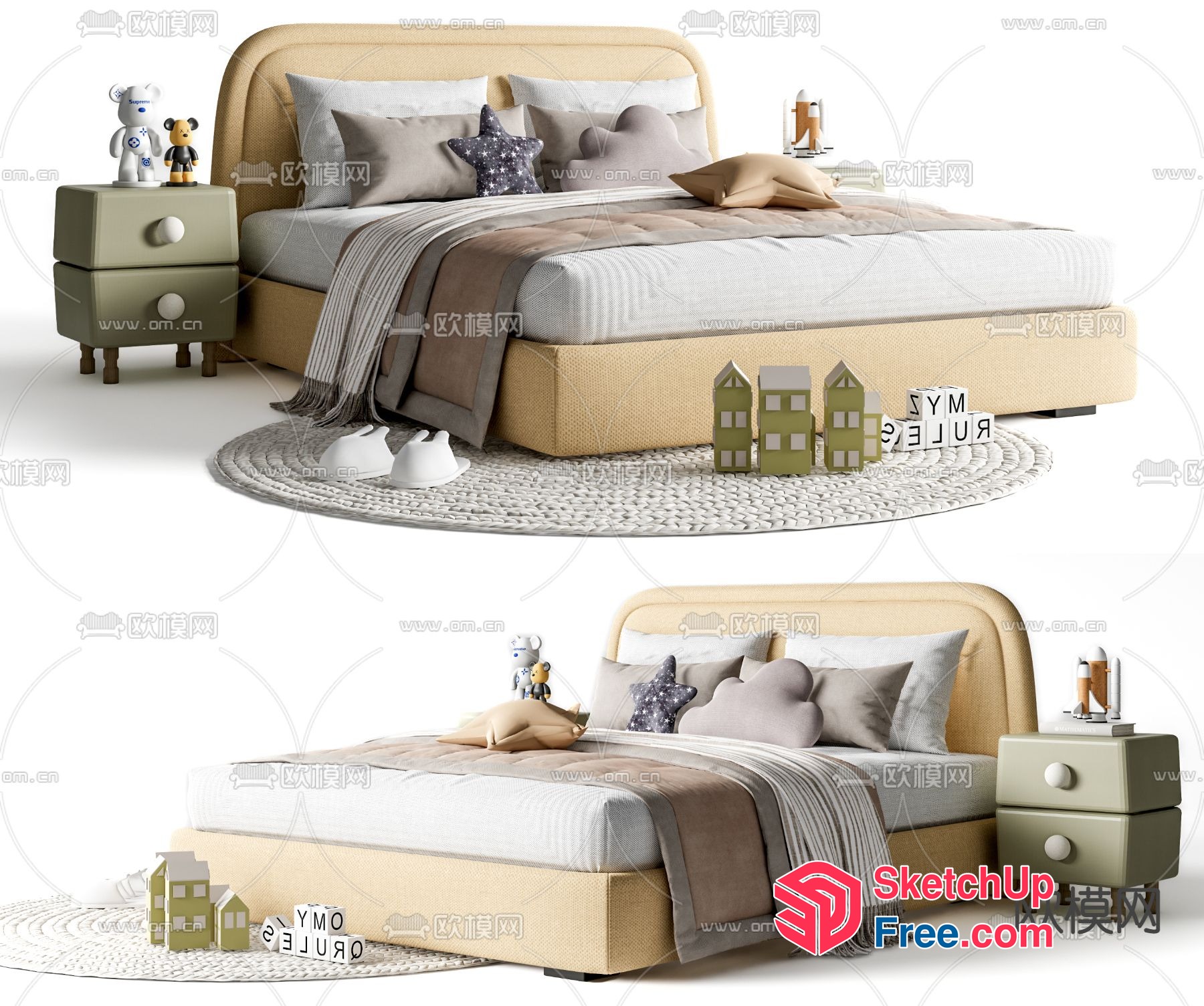 Modern Bedroom With Creamy Style Furniture And Decor 3D SketchUp File