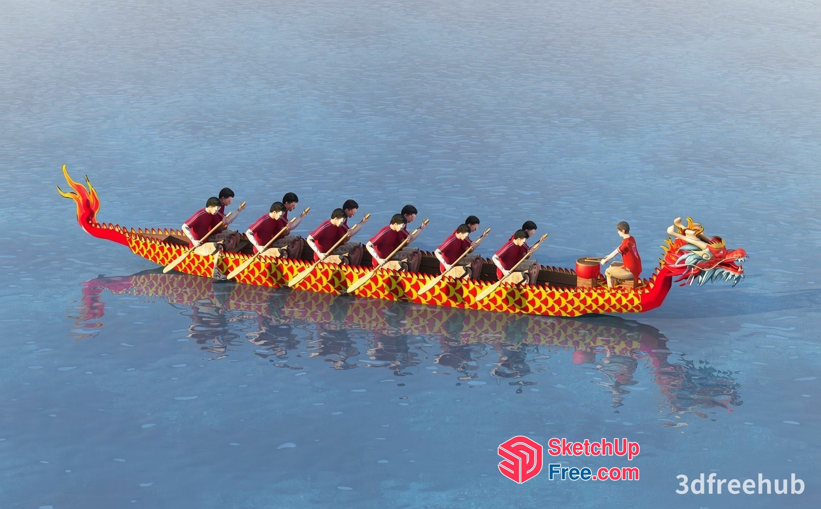 Dragon Boat Racing Team In Traditional Chinese Decor 3D SketchUp File