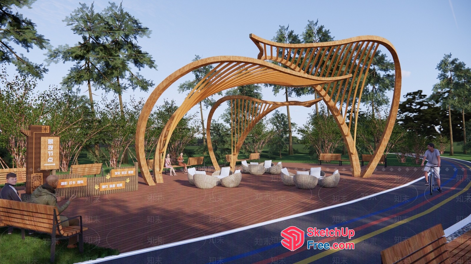Elegant Outdoor Pavilion With Curved Wooden Structure 3D SketchUp File
