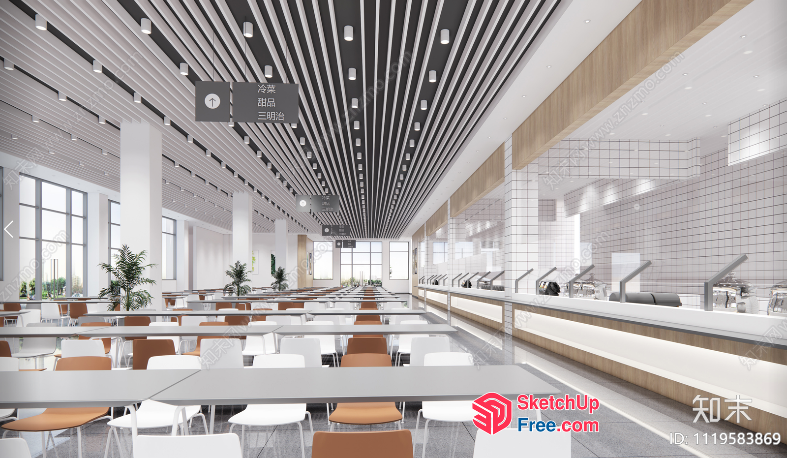 Modern Restaurant Interior With Sleek Ceiling And White Tables 3D SketchUp File