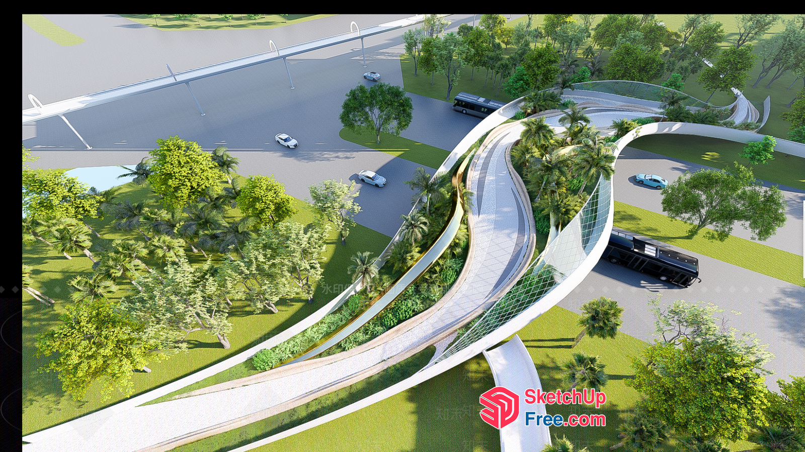Modern Highway Overpass With Curved Design And Greenery 3D SketchUp File