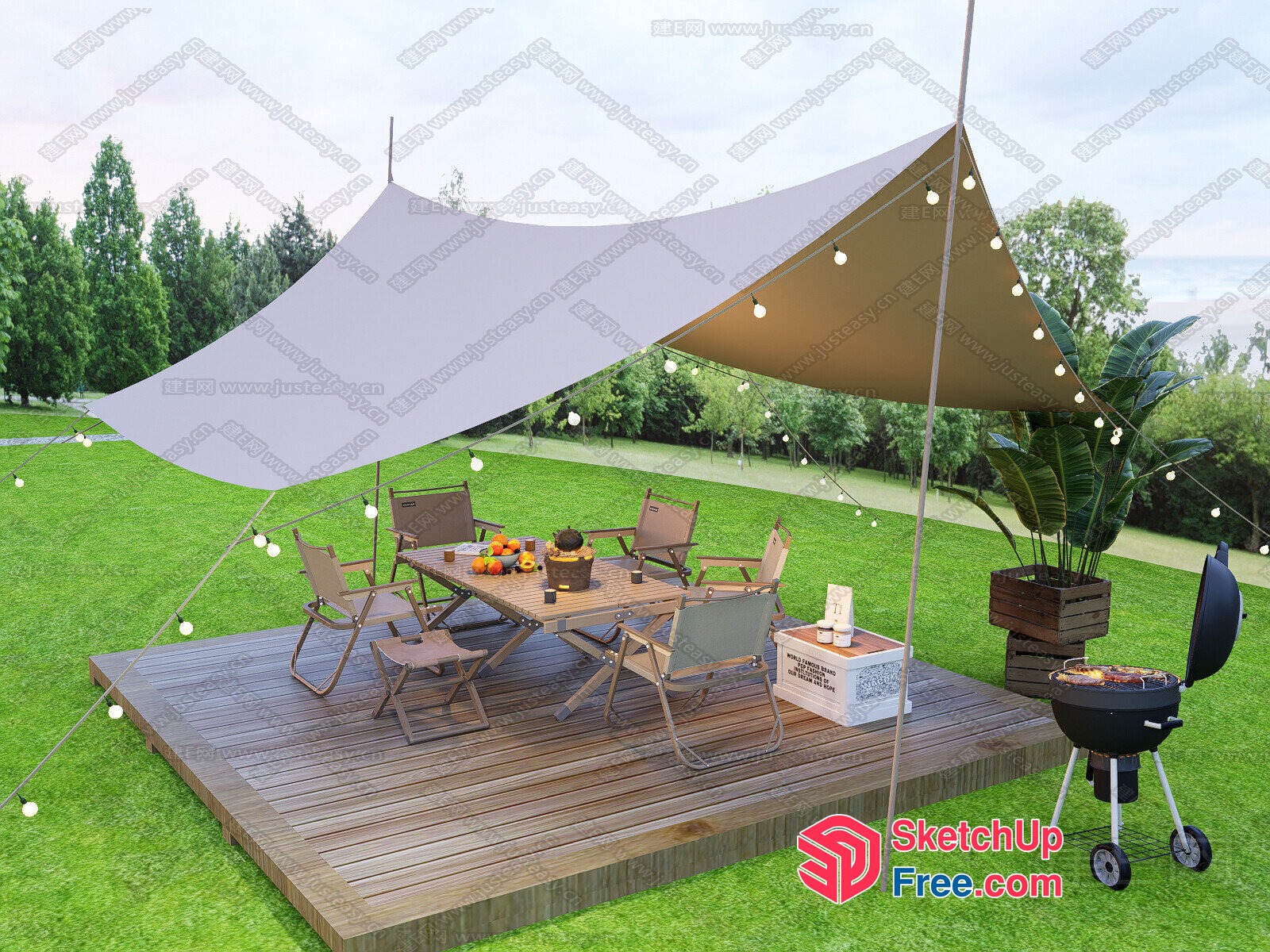 Outdoor Dining Area With Tents And Barbecue 3D SketchUp File