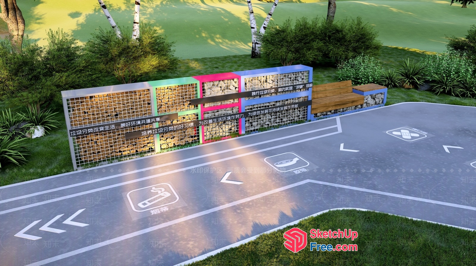 Modern Outdoor Parking Lot Decor With Bench And Wall 3D SketchUp File