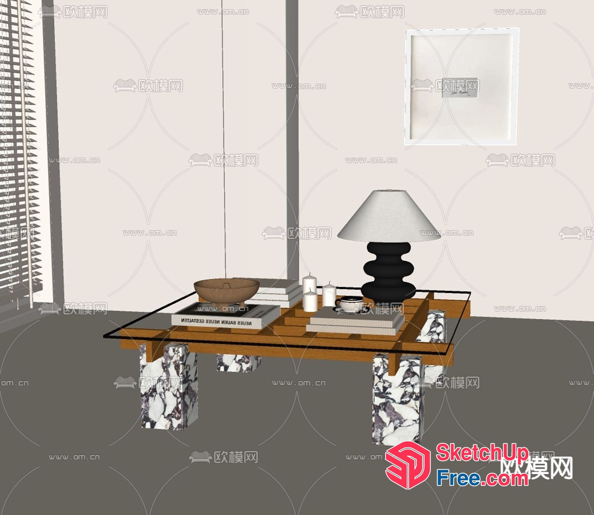 Modern Living Room Interior With Glass Coffee Table And Lamp 3D SketchUp File