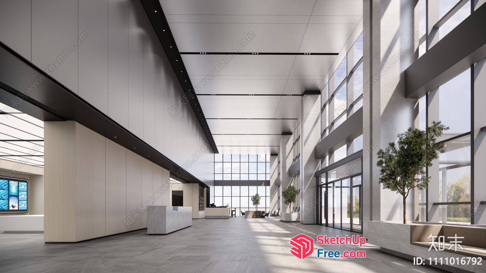 Modern Office Building Interior With Large Windows And High Ceilings 3D SketchUp File