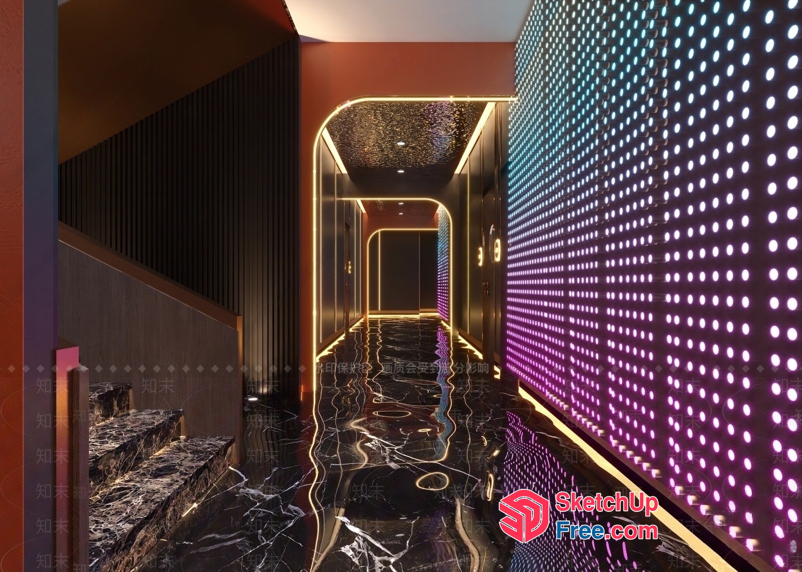 Modern Interior With Vibrant Lighting And Decorative Wall 3D SketchUp File