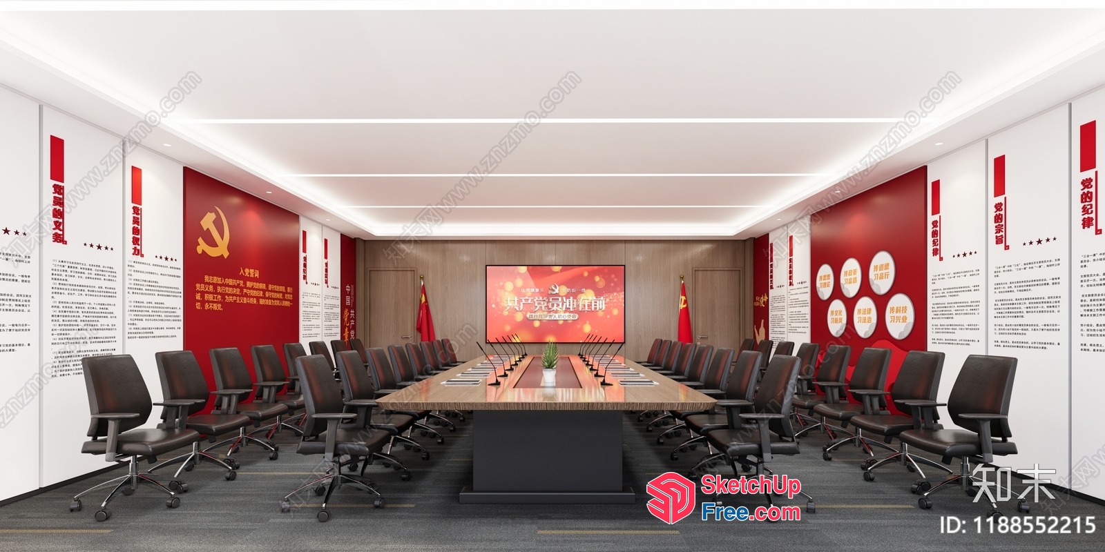 Conference Room With Large Table And Red Wall Decor 3D SketchUp File