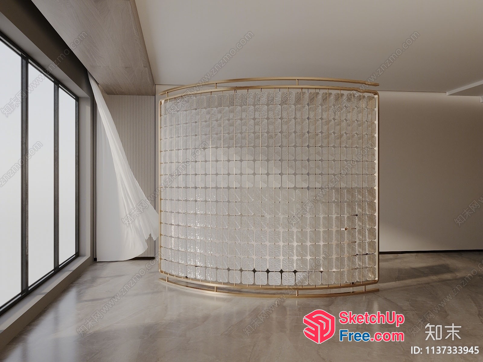 Partition Screen With Glass Brick And Gold Frame 3D SketchUp File