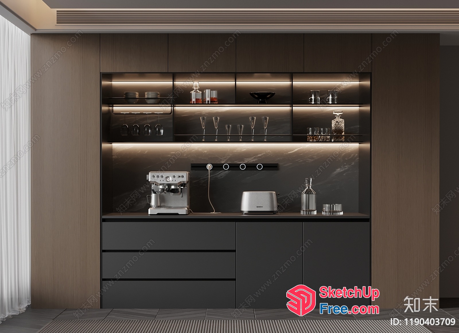 Modern Kitchen Bar With Built-In Appliances And Lighting 3D SketchUp File