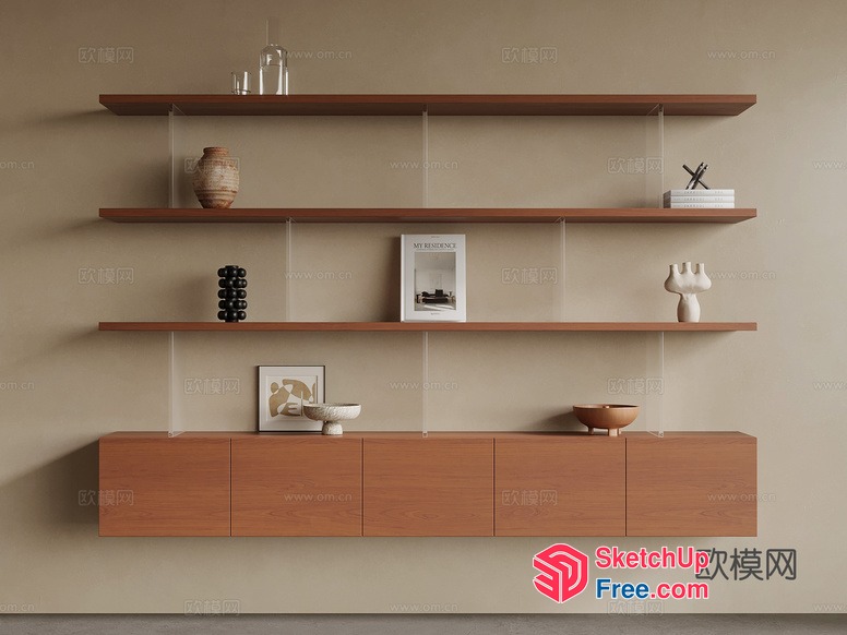 Modern Minimalist Wooden Shelving And Cabinet Setup 3D SketchUp File
