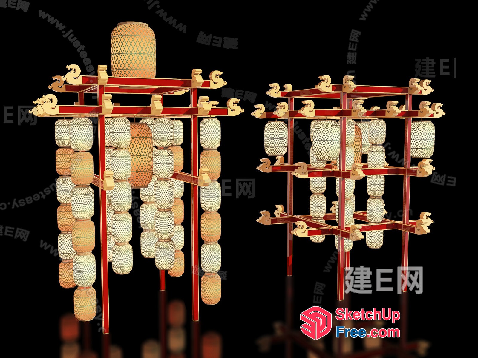 Traditional Chinese Lanterns Suspended From A Red And Gold Structure 3D SketchUp File